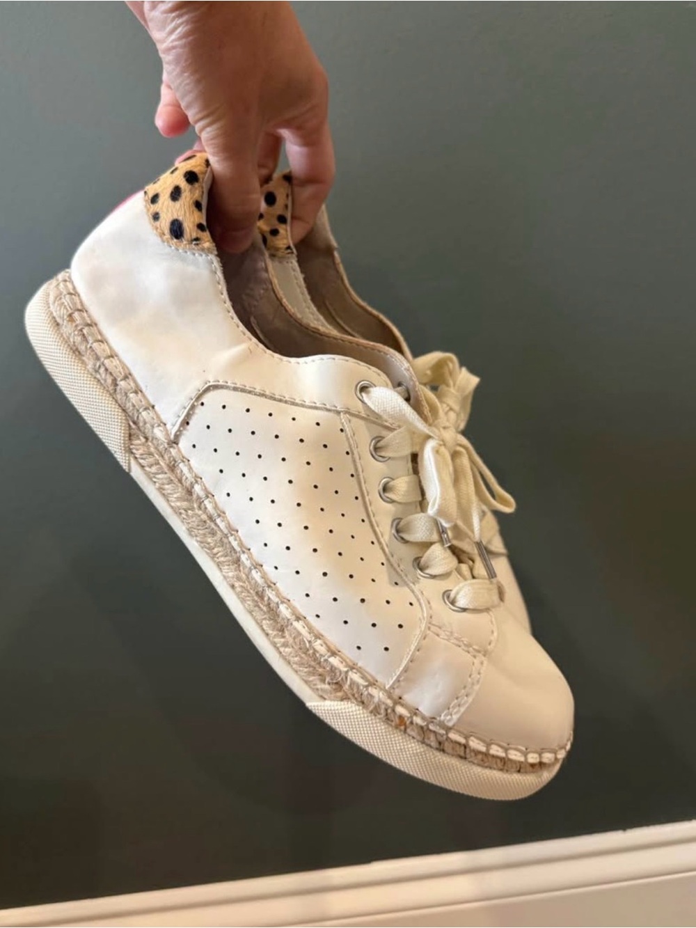 Dolce Vita Cream Perforated Leather Sneaker with Leopard Heel Tab